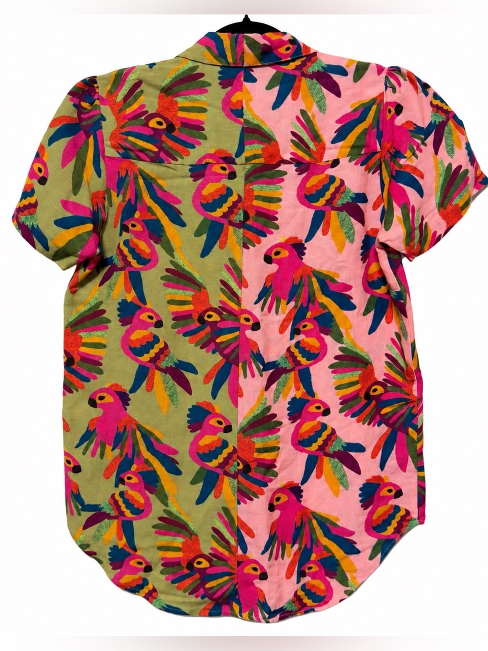 🦋 FARM Rio x Anthropologie| Parrot Print Linen Blend Button Down Shirt XXS - Picture 2 of 10